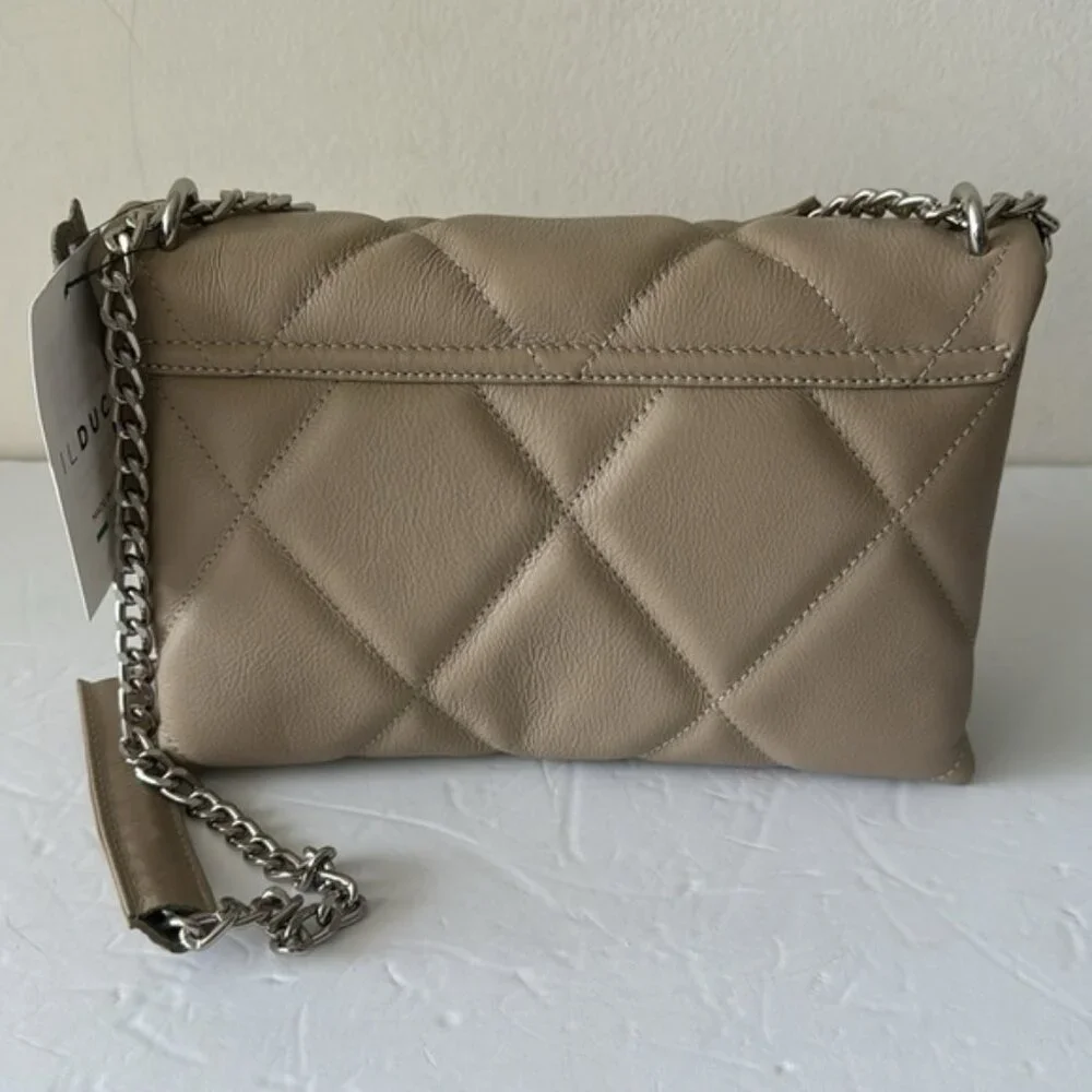 Il Duca Itlay Genuine Leather Quilted Convert Flap Handbag Taupe